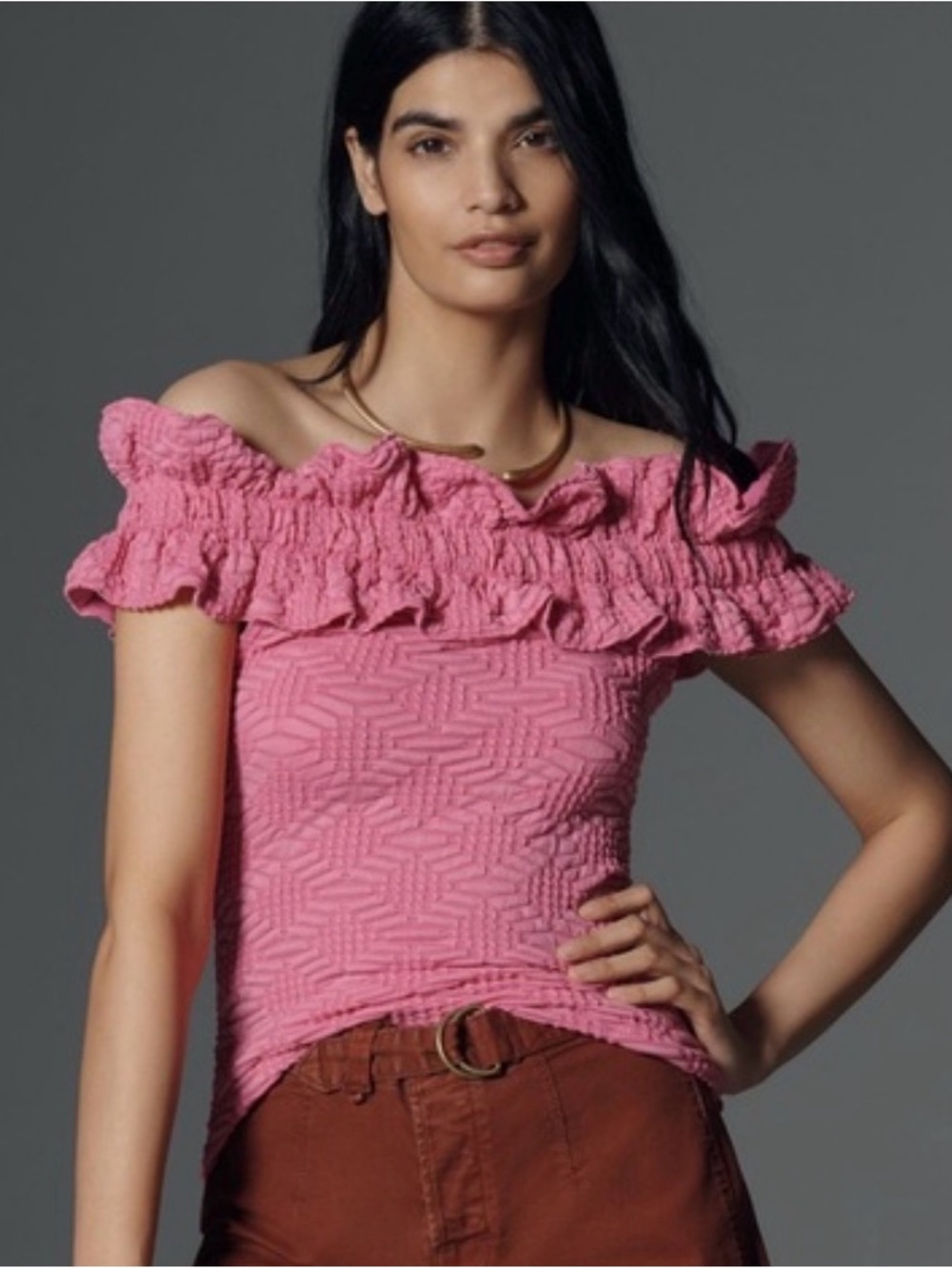 Anthropologie Pink Ruffled Off-Shoulder Textured Top